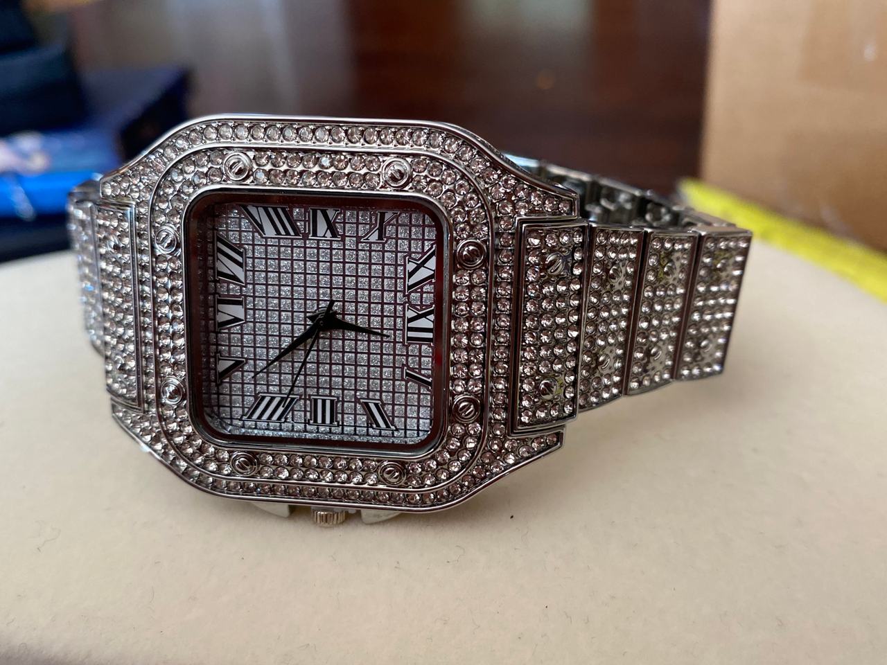 Iced Out Square Roman Numeral silver rhinestone stainless steel Watch