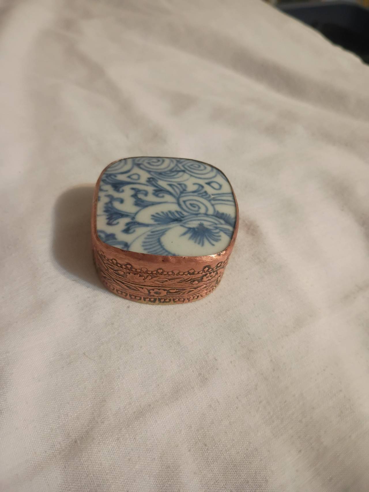 Vintage Blue and White Porcelain Copper Trinket Box