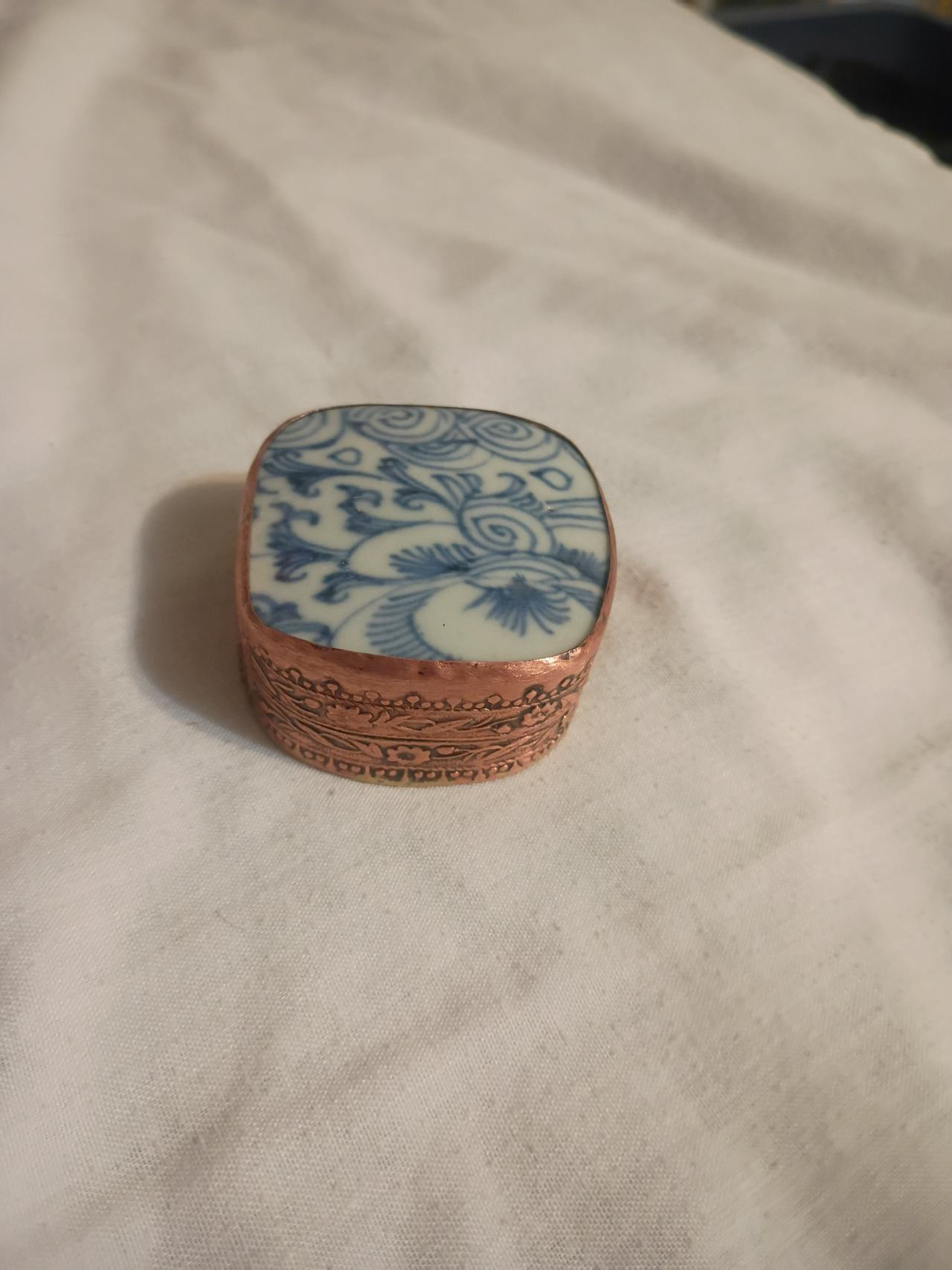 Vintage Blue and White Porcelain Copper Trinket Box