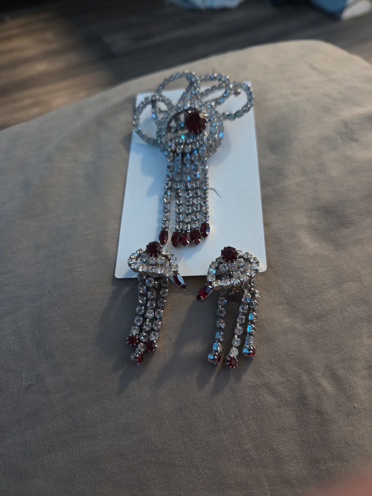 Vintage Red and Clear Rhinestone Brooch and Earring Set