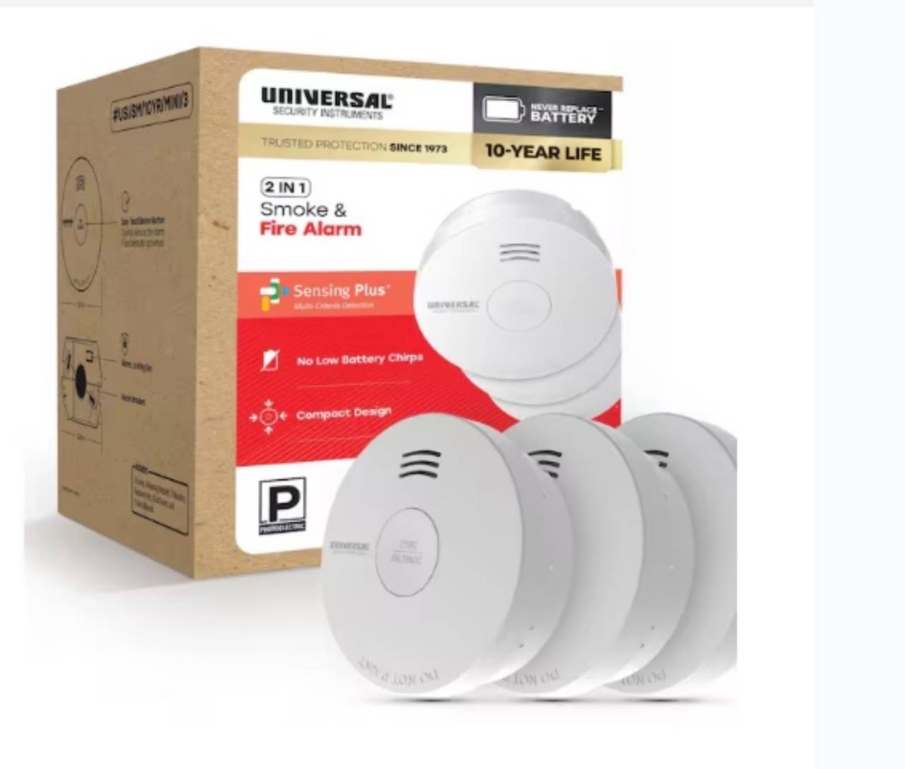 Universal Security Instruments (3-Pack) 10-Year Battery Powered Mini Smoke and F