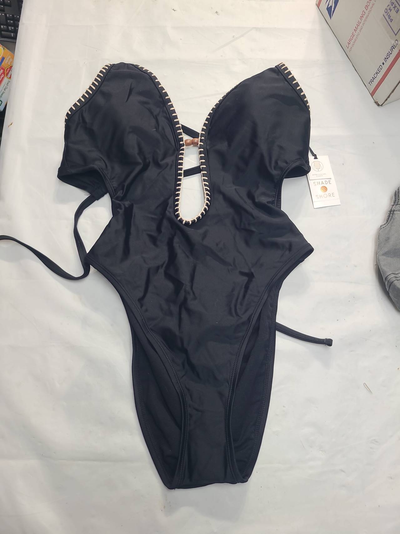 Shade & Shore Black Whipstitch Wood Bead One Piece Swimsuit