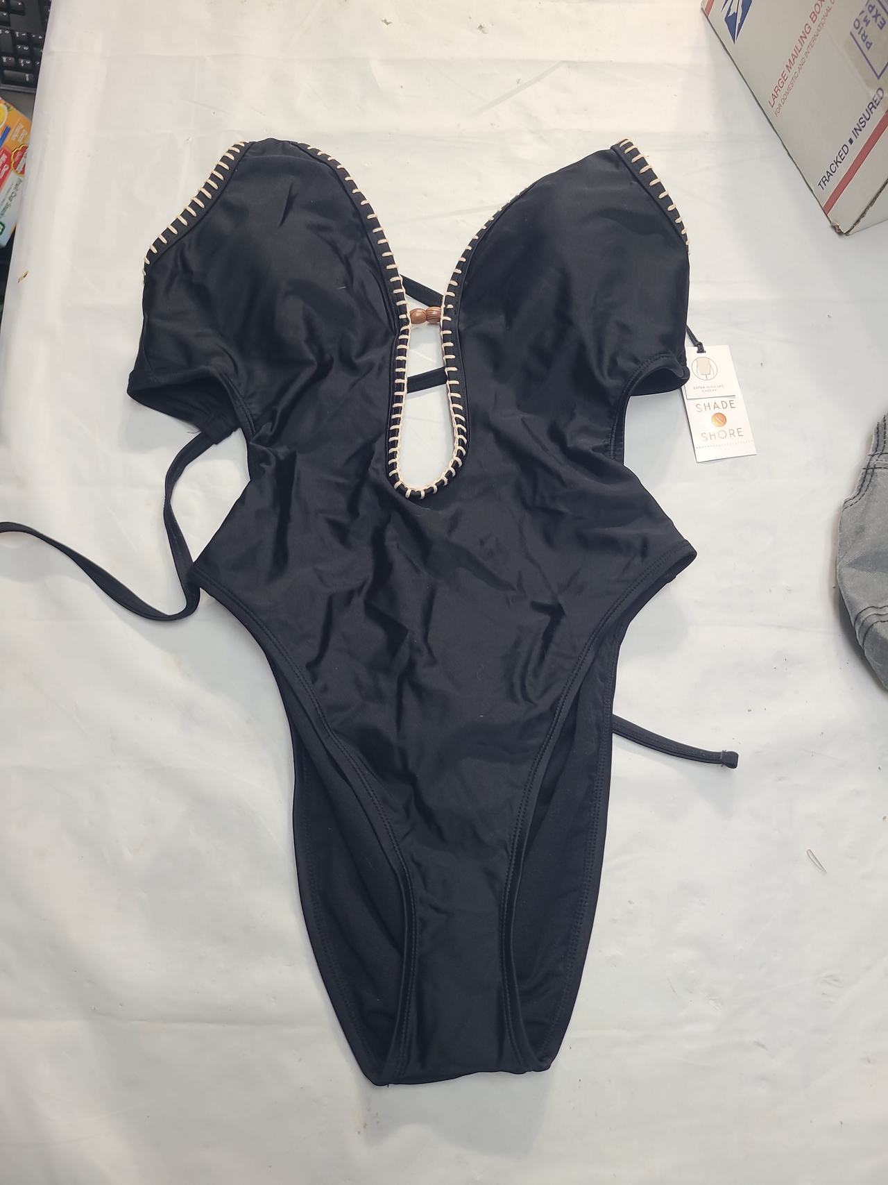 Shade & Shore Black Whipstitch Wood Bead One Piece Swimsuit
