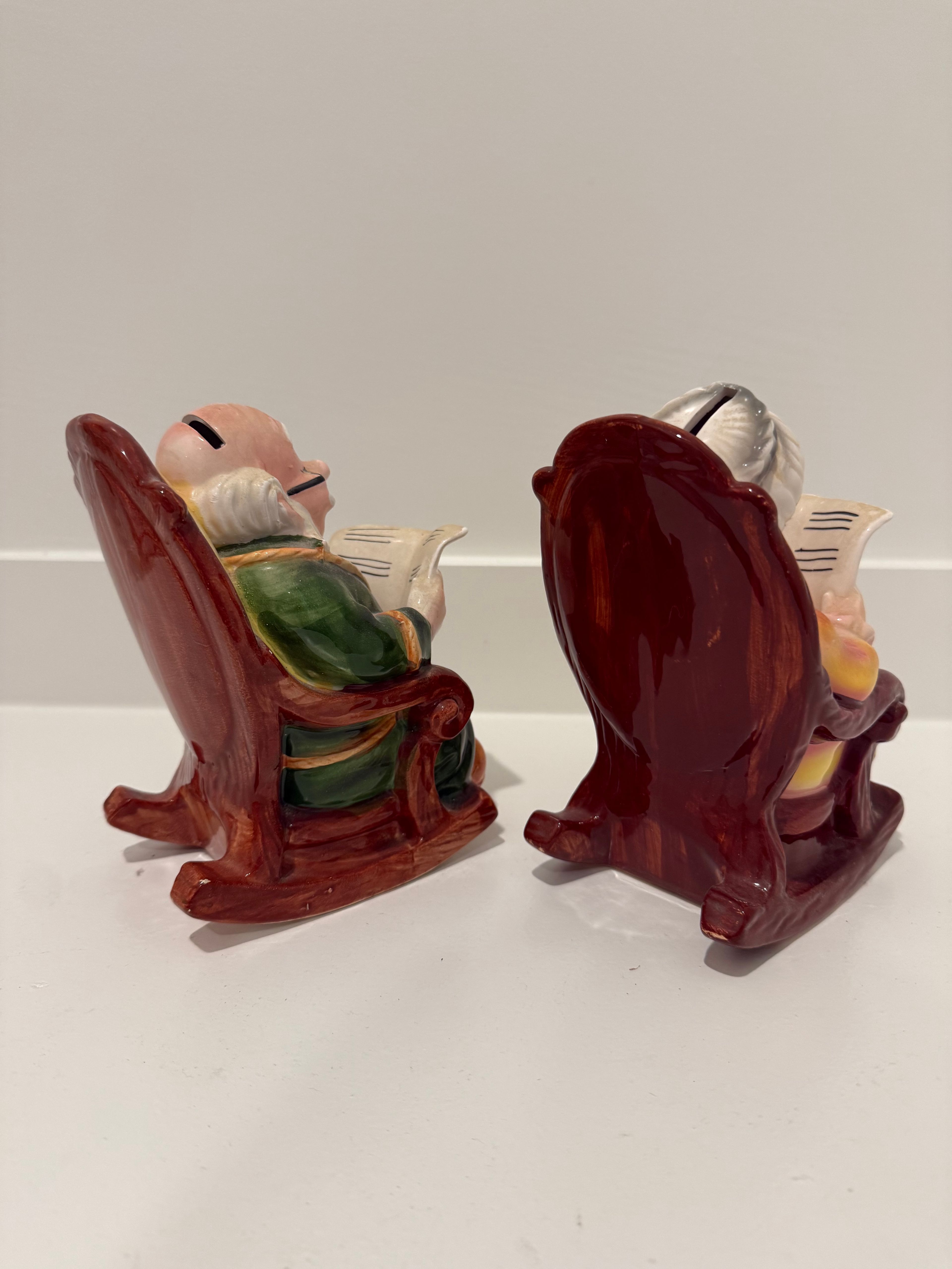 Vintage Ceramic Old Couple Rocking Chair Retirement Fund Coin Banks - Image 6
