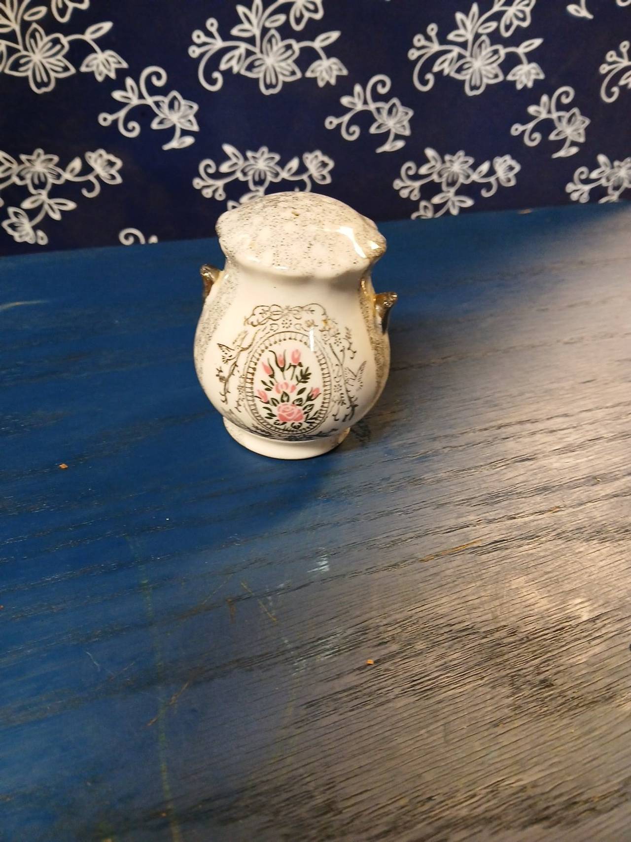 Vintage Floral Porcelain Salt Shaker with Gold Trim