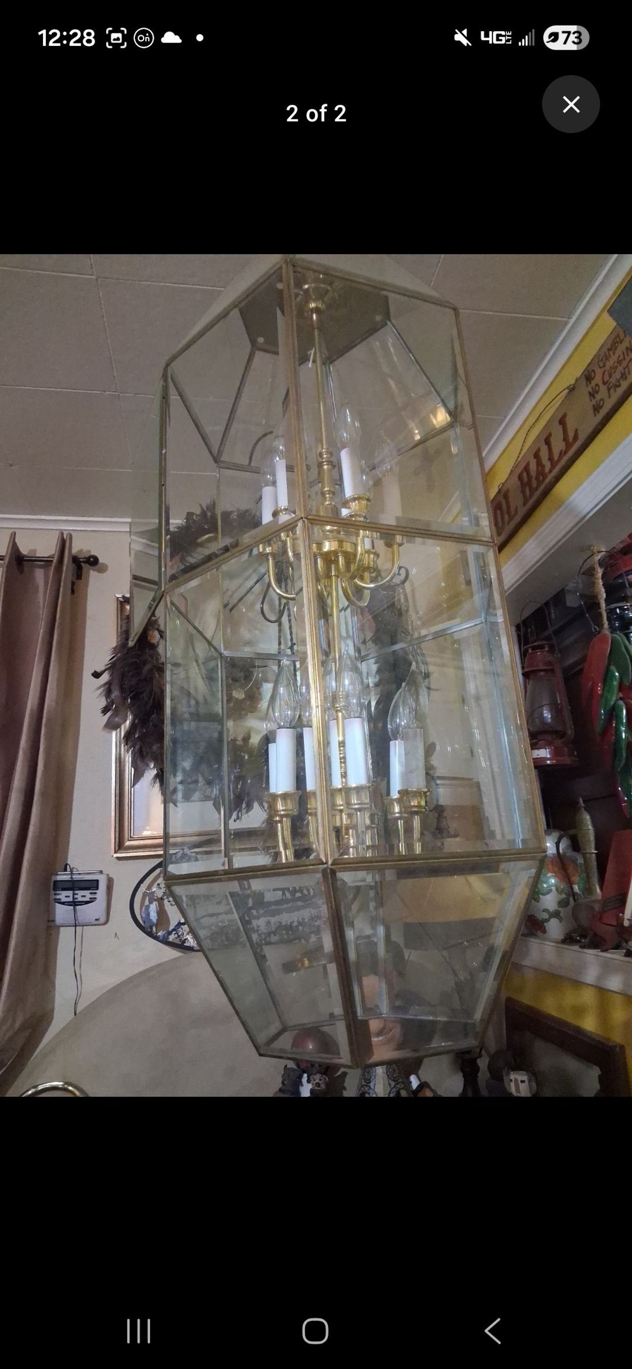 Large 8-Light Brass and Glass Hexagonal Lantern Chandelier