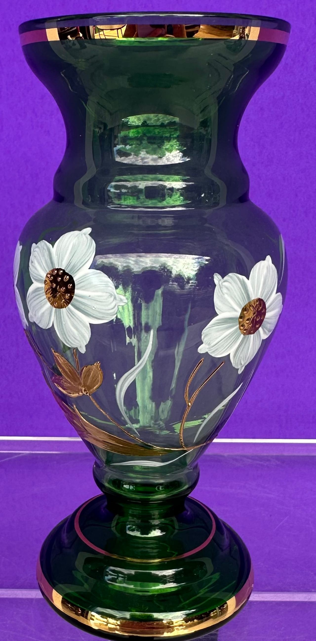 Hand Painted Emerald Green Glass Floral Vase