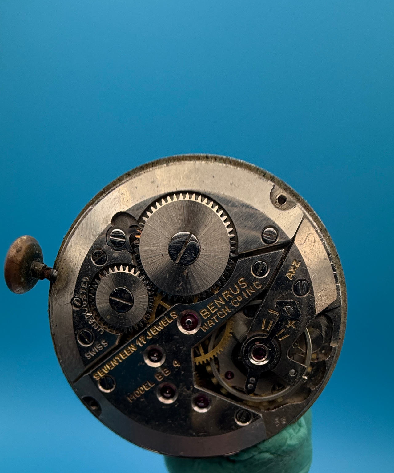 Benrus BB 4 17-Jewel Watch Movement with Signed Dial. Running