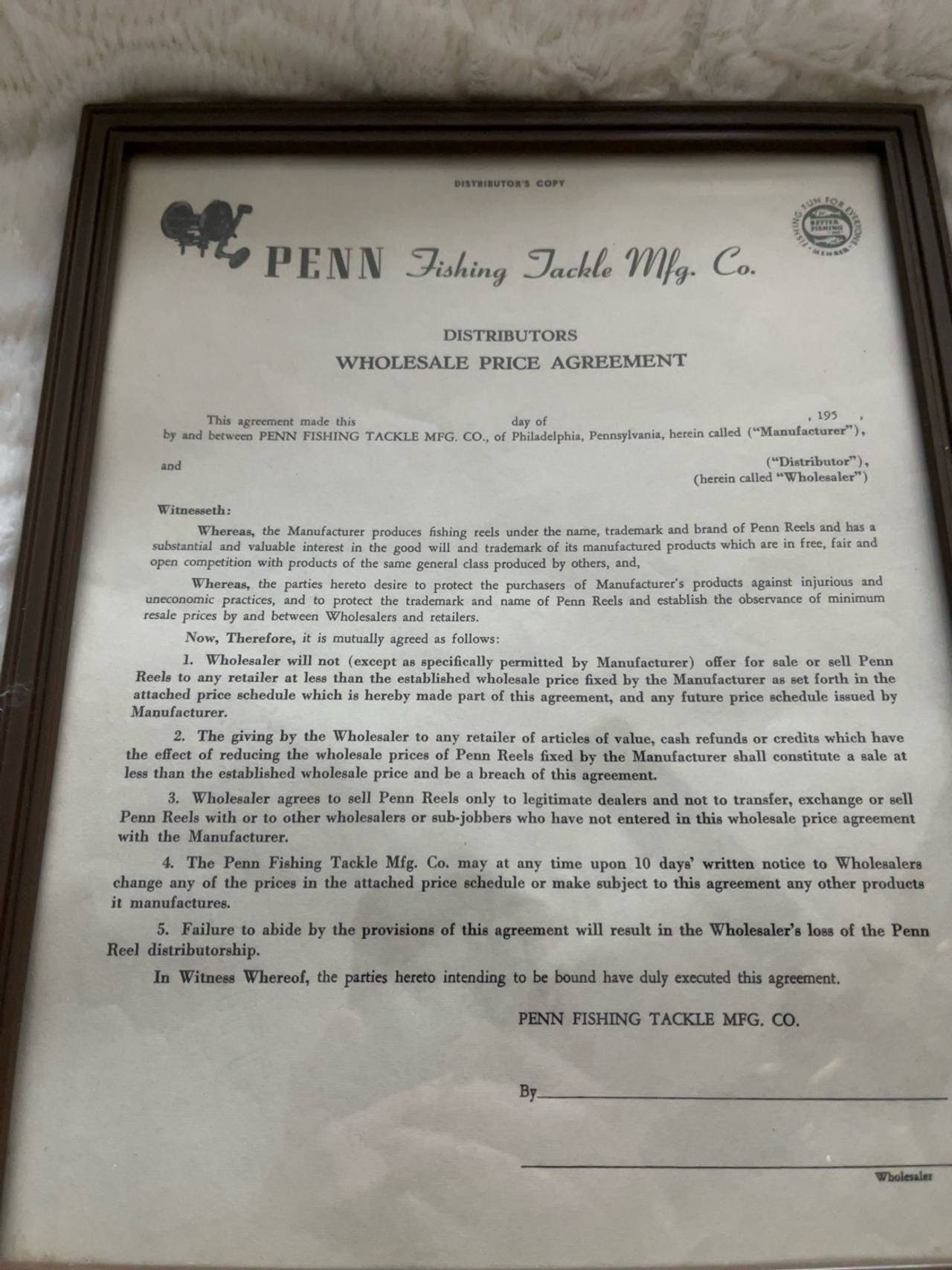 Penn Reel advertising 1950s framed wholesale distribution agreement  .