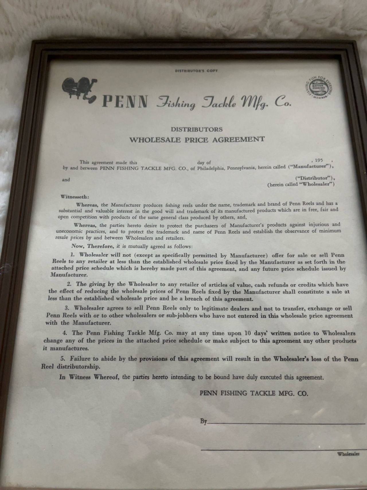 Penn Reel advertising 1950s framed wholesale distribution agreement  .