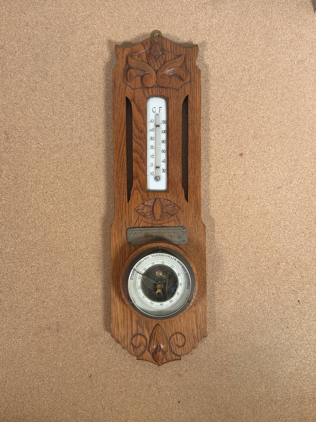 Antique Dutch Art Nouveau Oak Wall Barometer and Thermometer