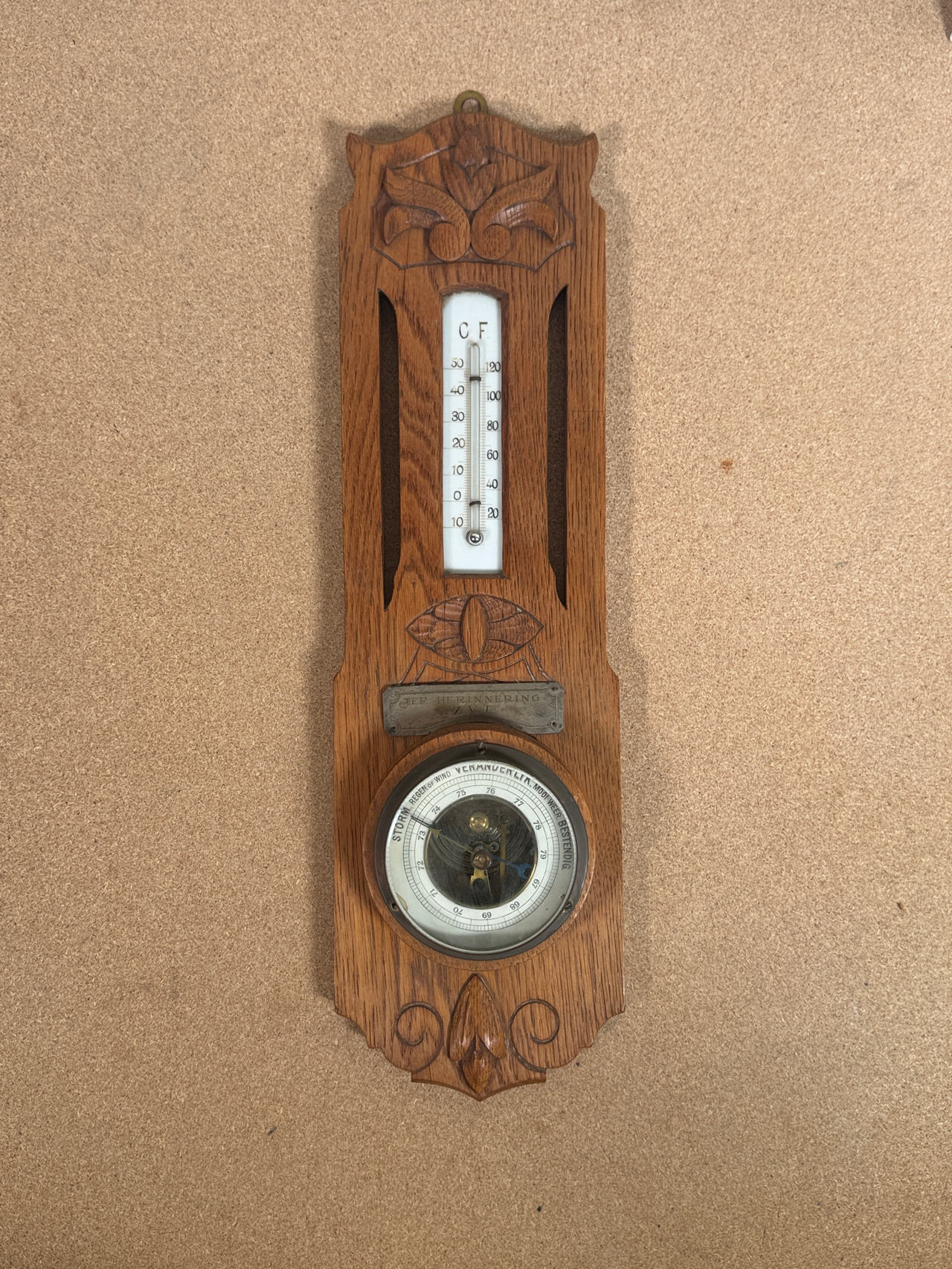 Antique Dutch Art Nouveau Oak Wall Barometer and Thermometer