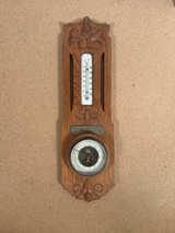 Antique Dutch Art Nouveau Oak Wall Barometer and Thermometer - Image 1