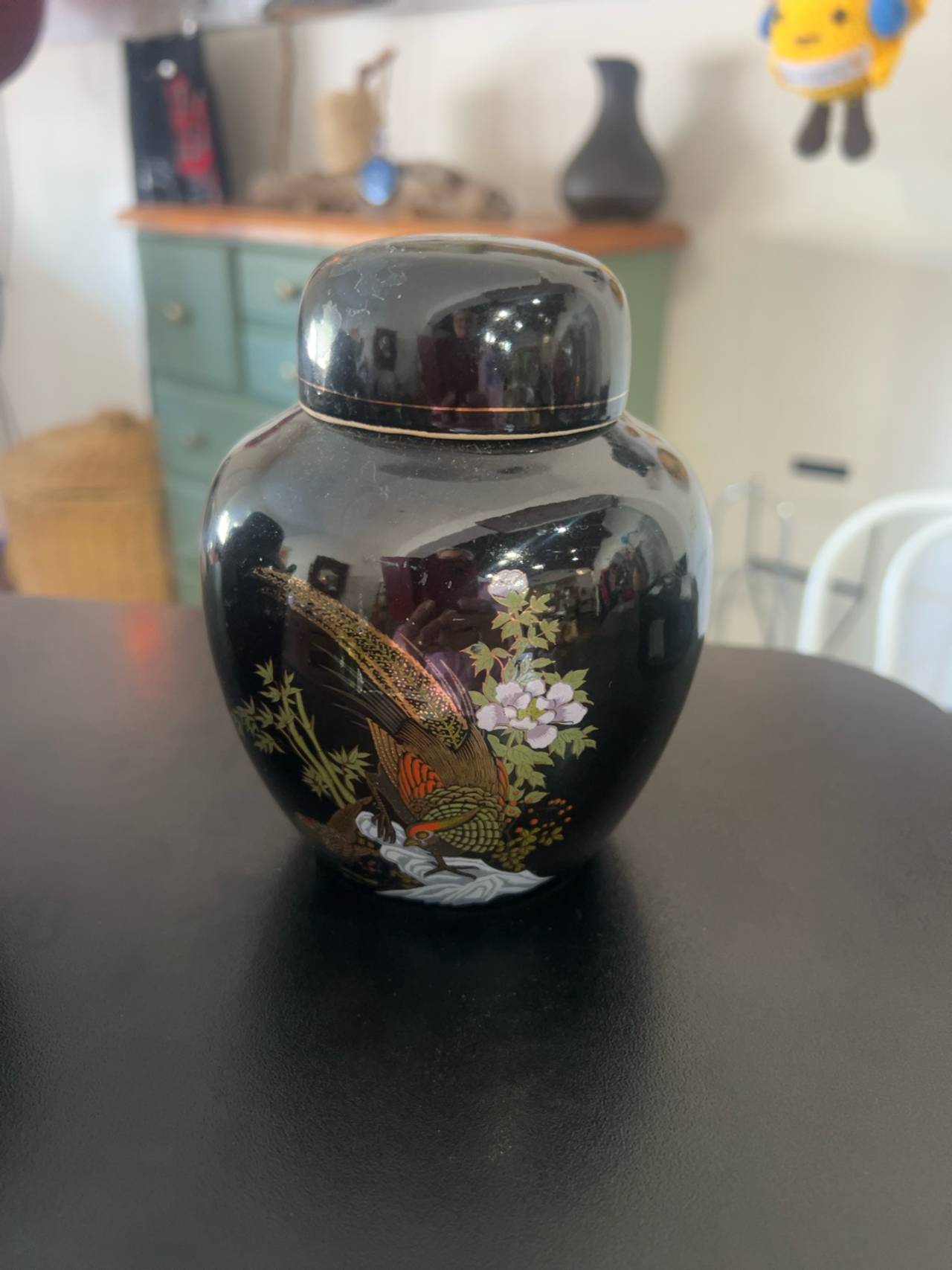 Japanese Black Ginger Jar with Pheasant and Bamboo Design