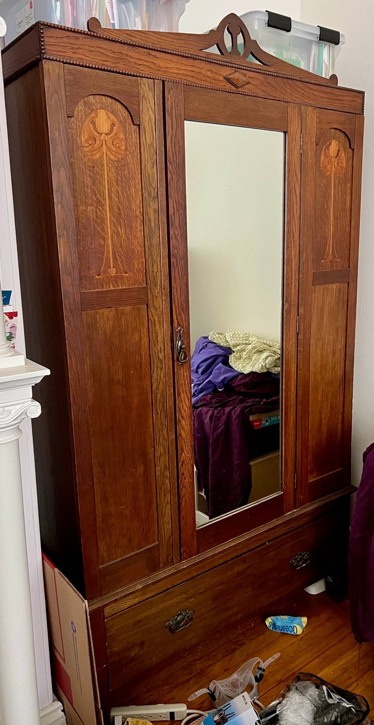 Antique Oak Wardrobe with Mirror and Inlay