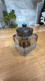 Antique Glass Inkwell with Metal Lid and Blue Stone - Image 4