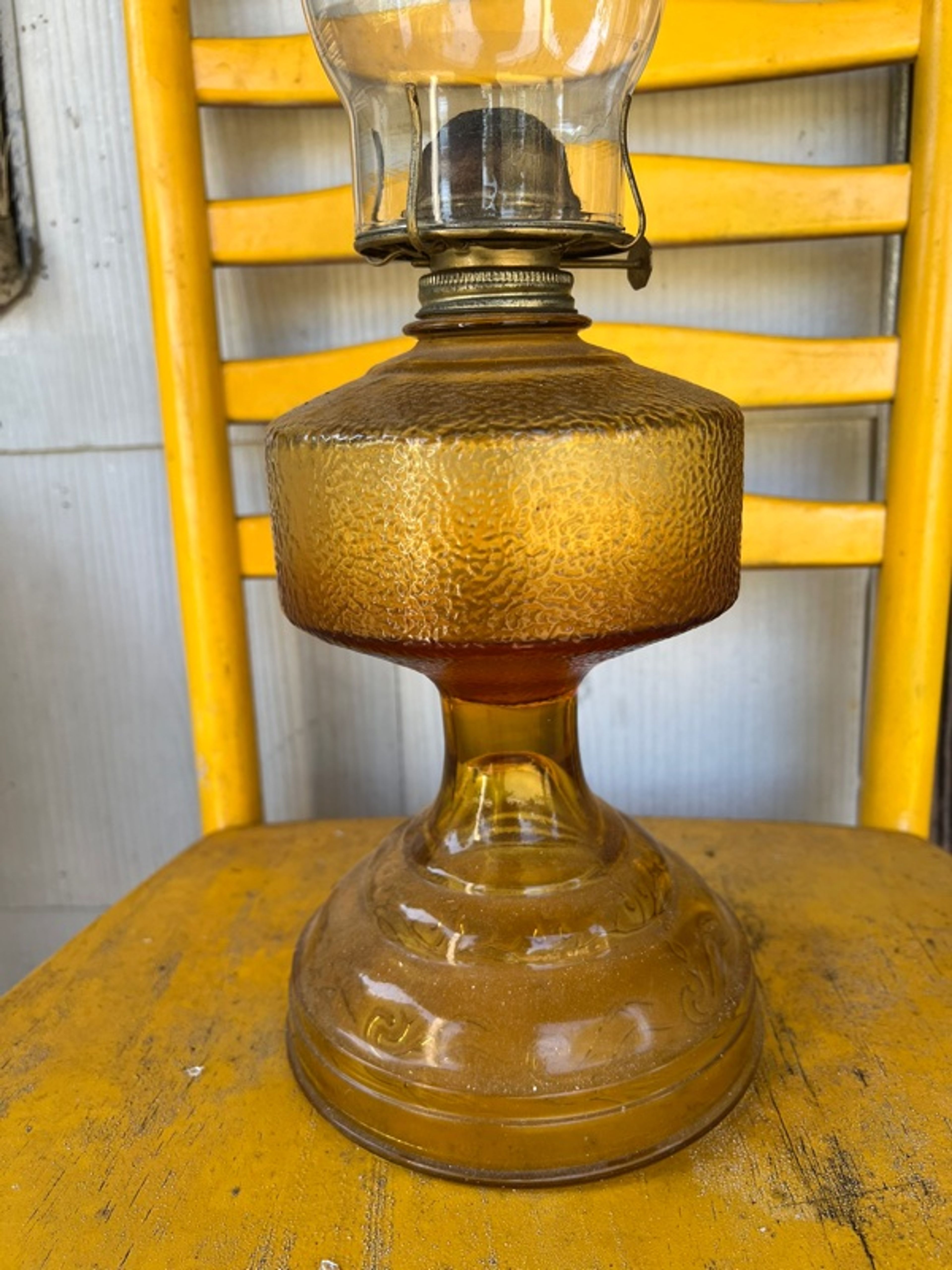 P&A Risdon Amber Glass Hurricane Oil Lamp