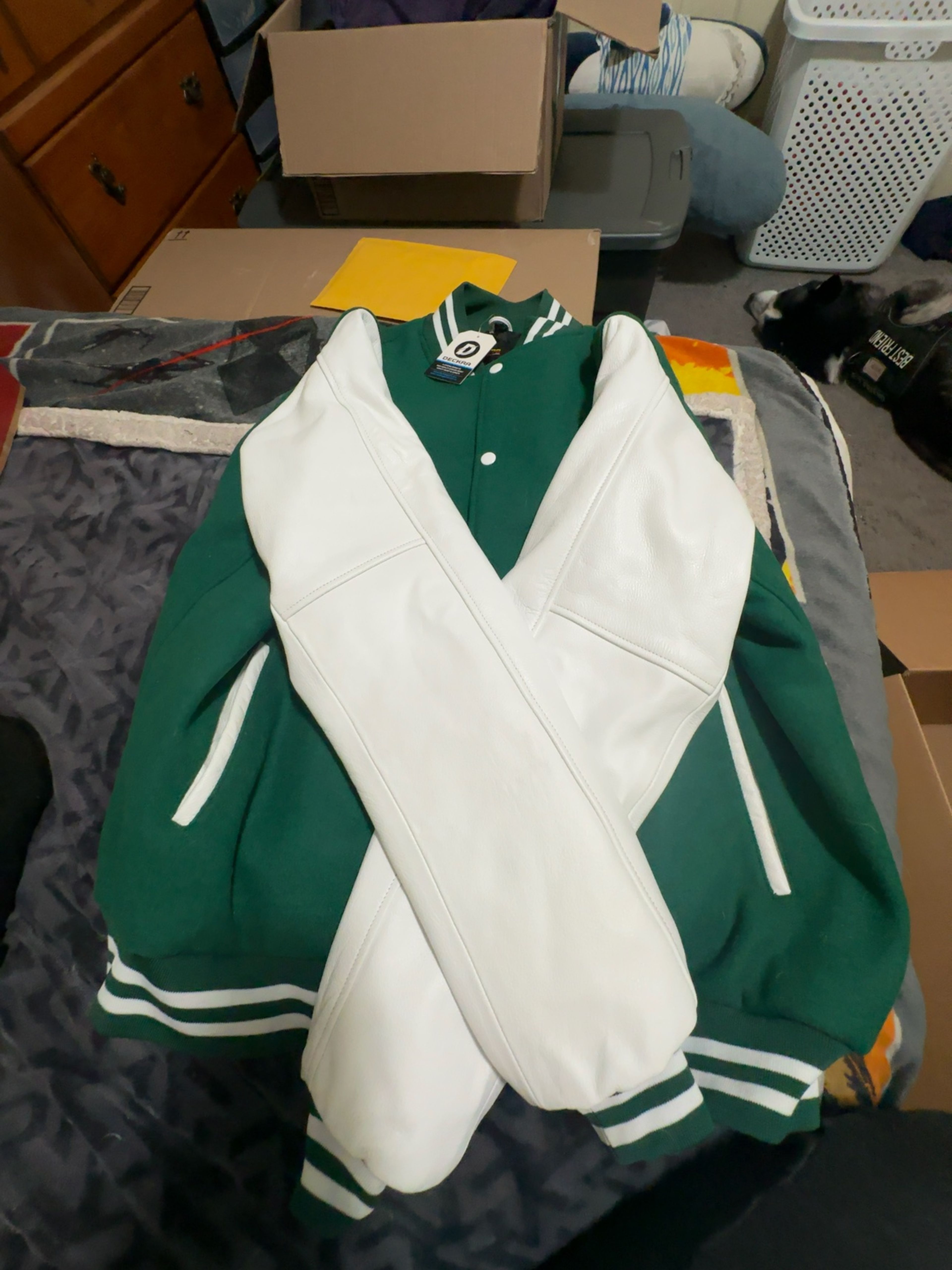 Varsity Base Green Letterman Jacket with White Leather Sleeves XXL