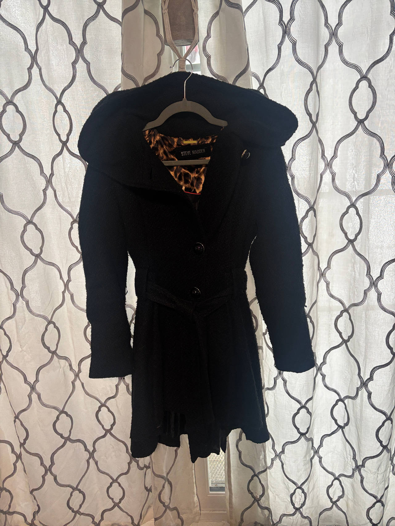 Steve Madden Black Wool Blend Hooded Coat with Leopard Lining
