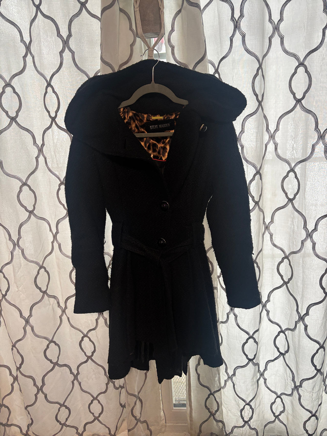 Steve Madden Black Wool Blend Hooded Coat with Leopard Lining