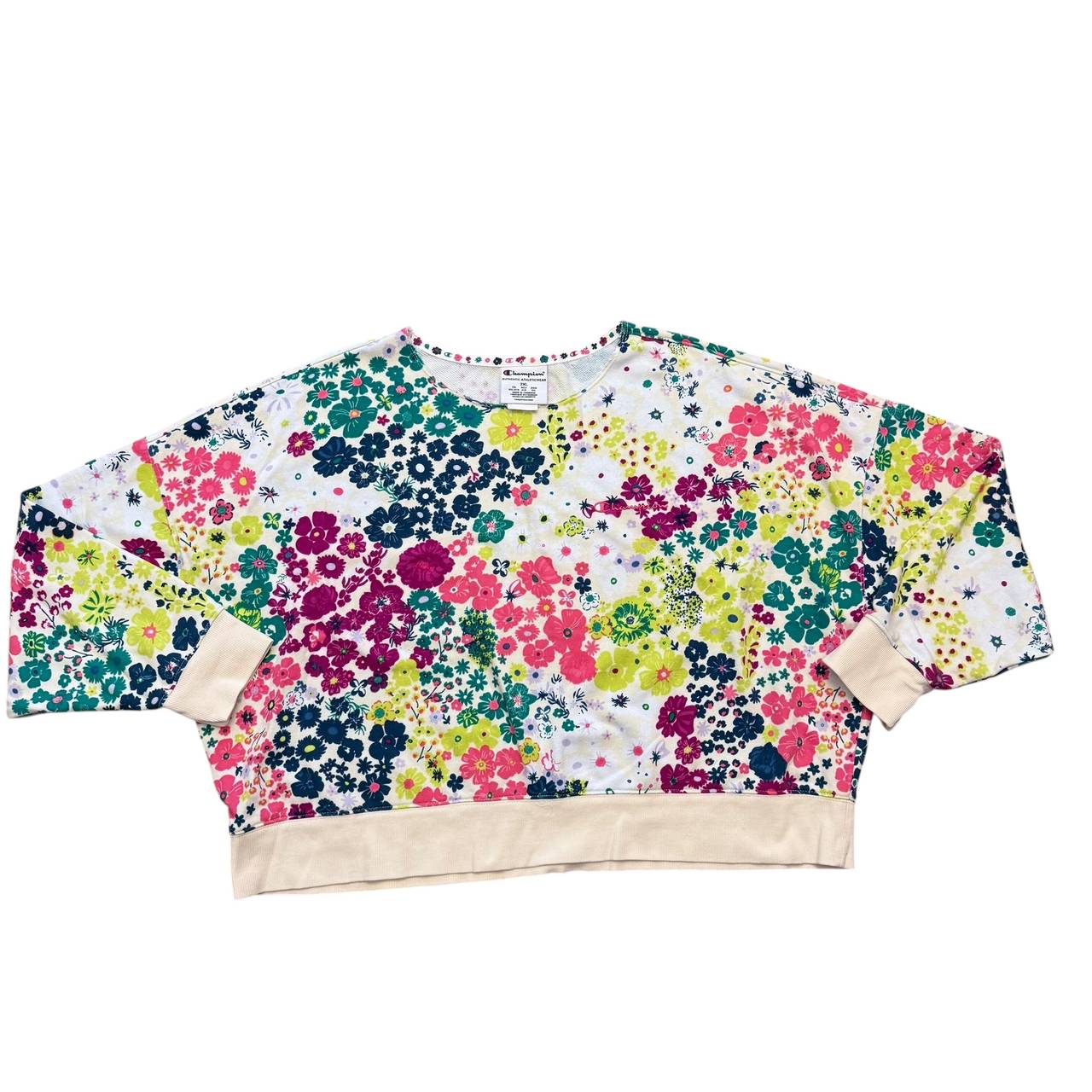 Champions Sweatshirt Womens Sz 2XL Multi Color Floral Print Cropped Raw Neckline