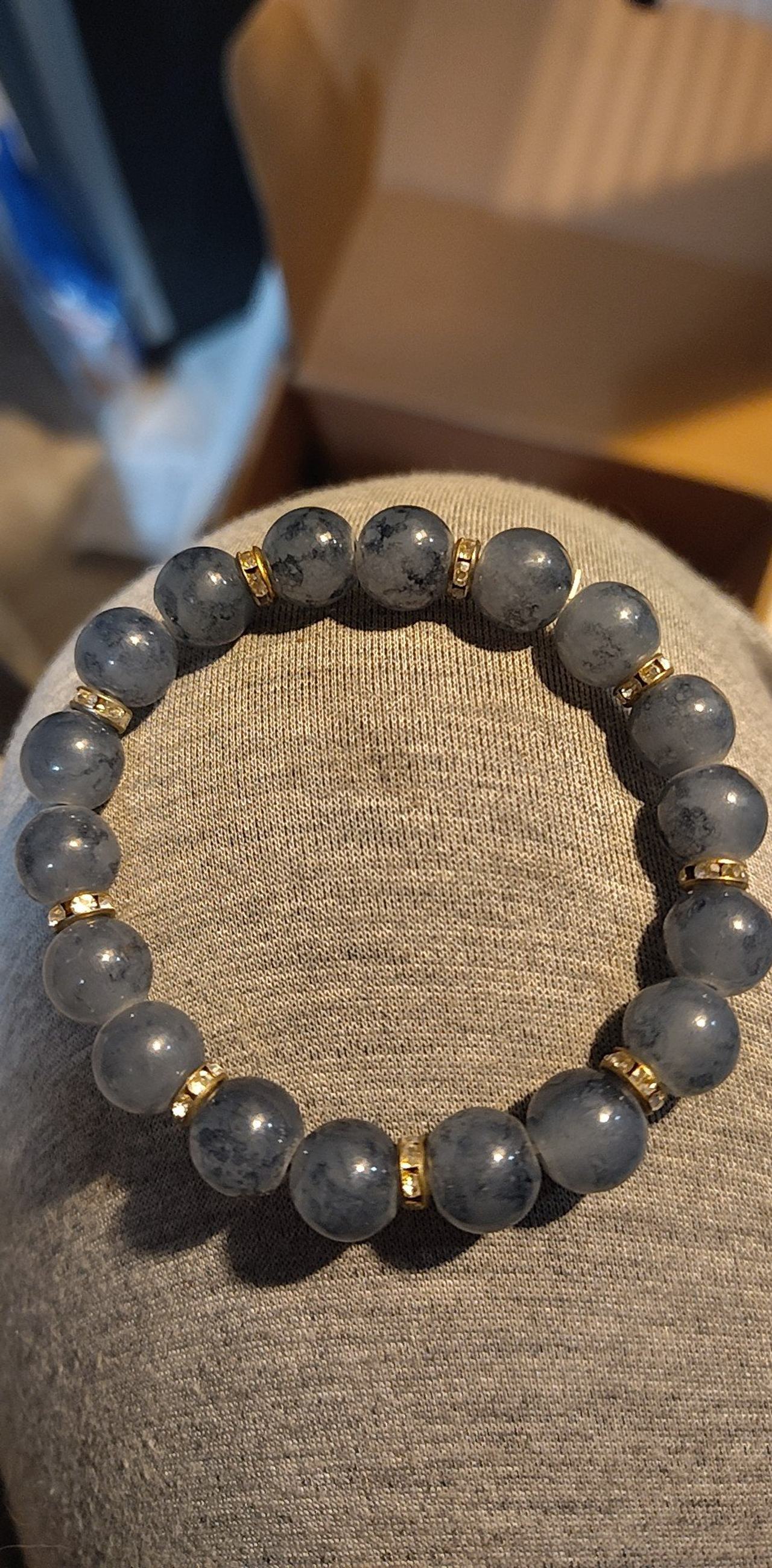 Blue Stone Beaded Stretch Bracelet with Gold Accents