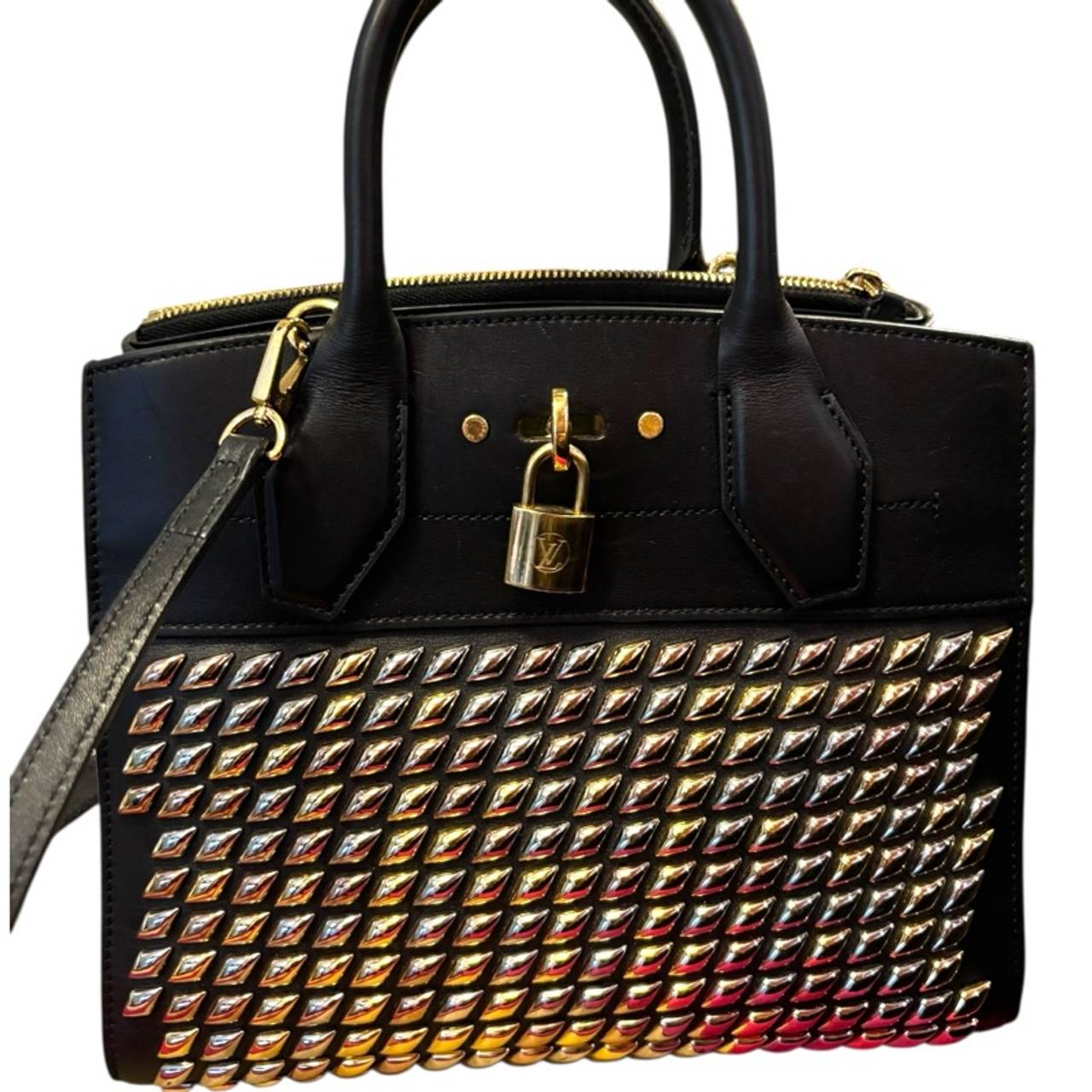 Louis Vuitton City Steamer MM Studded Black Leather Top Handle Crossbody Bag