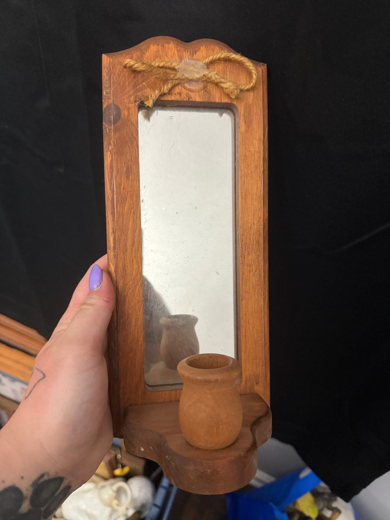 Vintage Wooden Wall Sconce with Mirror and Candle Holder