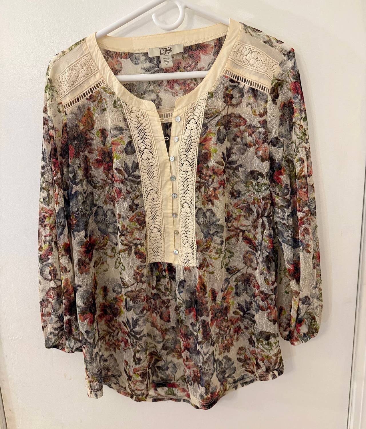 Vintage America Blues Floral Lace Henley Blouse