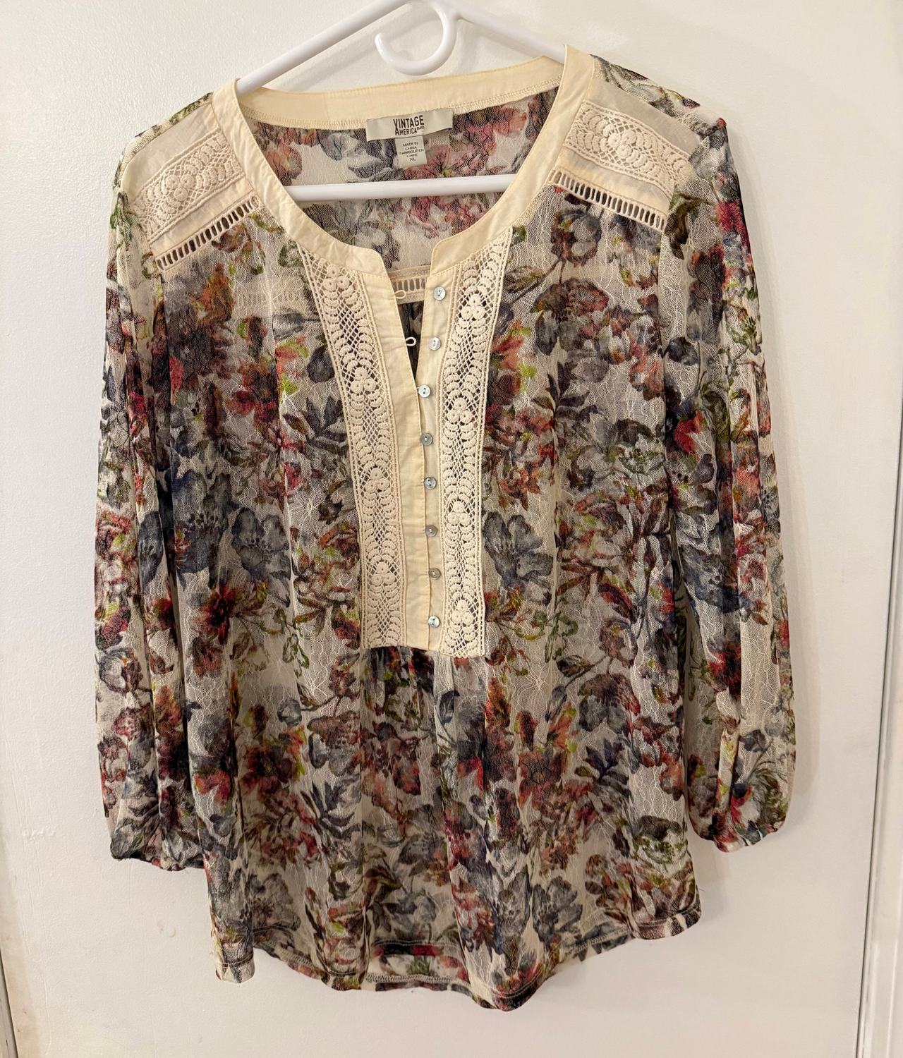 Vintage America Blues Floral Lace Henley Blouse