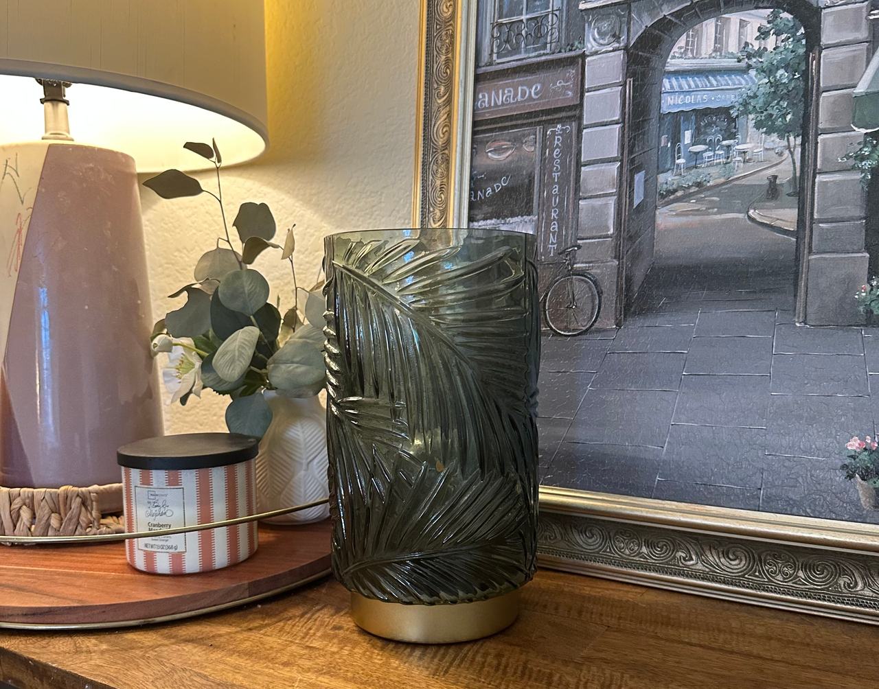 Palm Leaf Glass Cordless Lamp - Green and Gold