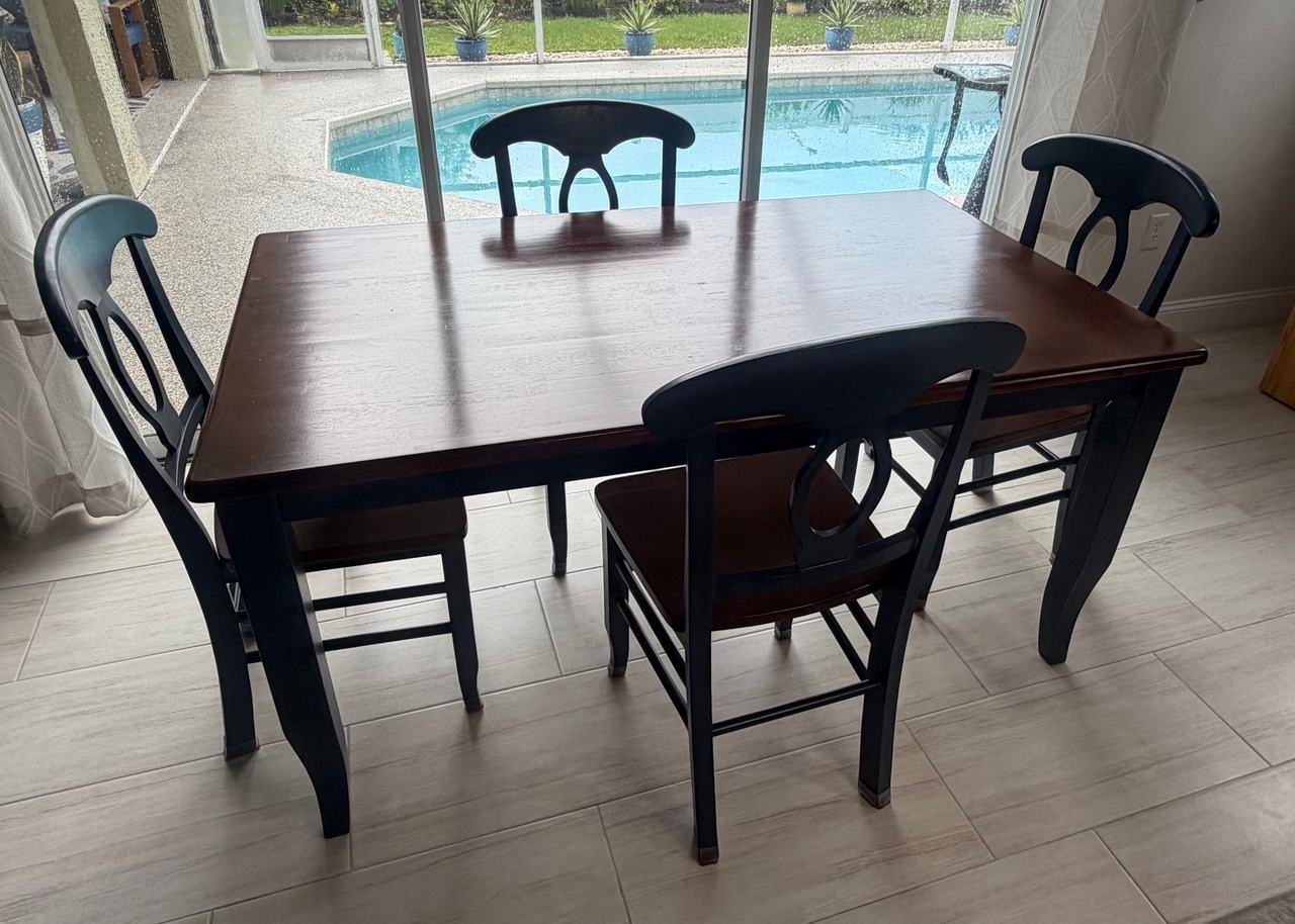 Dining Set Table 4 Chairs Two-Tone Blue & Cherry Wood Stain
