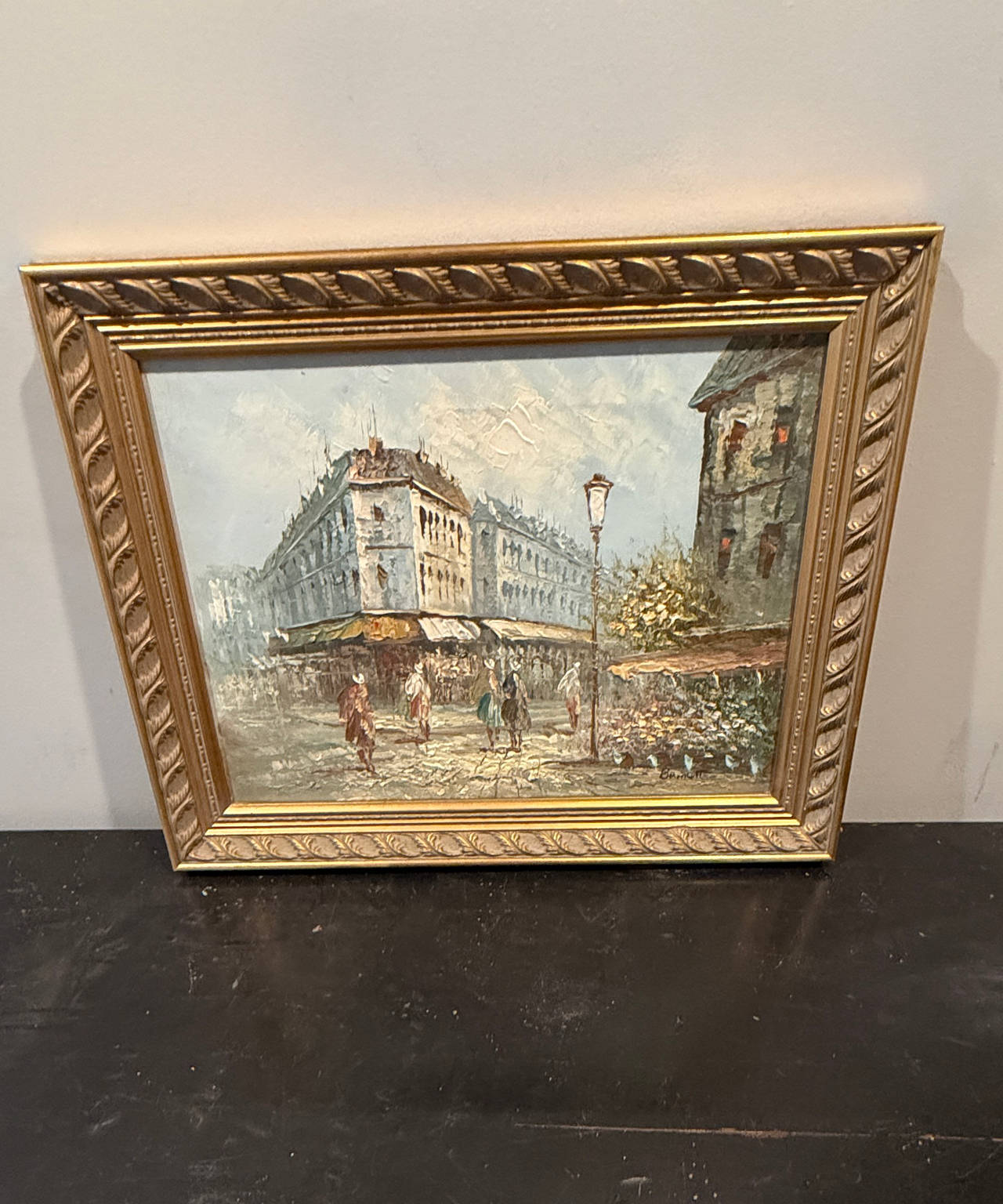 Vintage Parisian Street Scene Oil Painting in Gold Frame