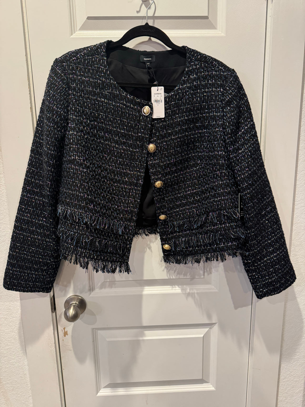 Express Fringed Tweed Button Front Jacket