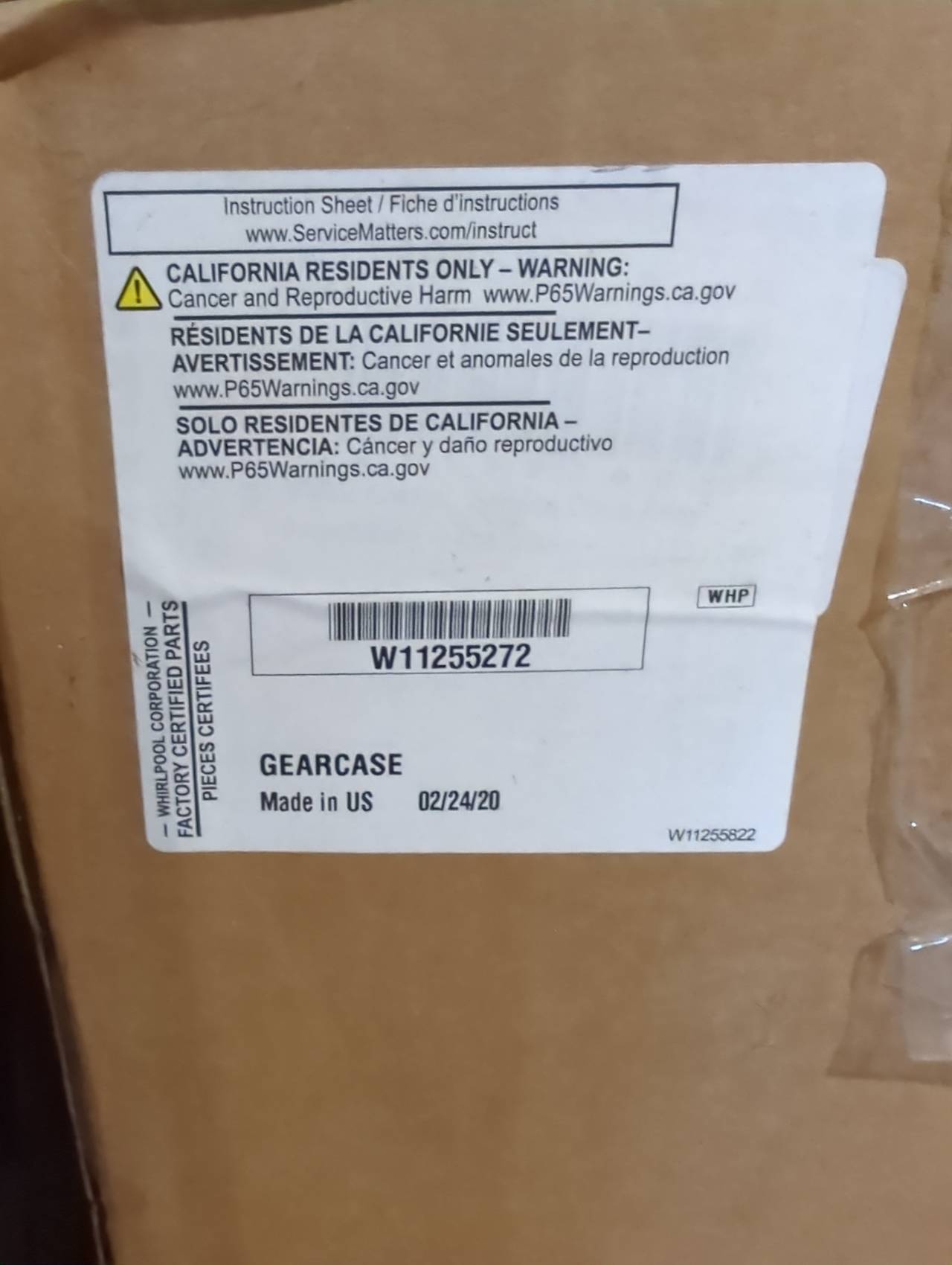 Whirlpool W11255272 Washer Gearcase Transmission