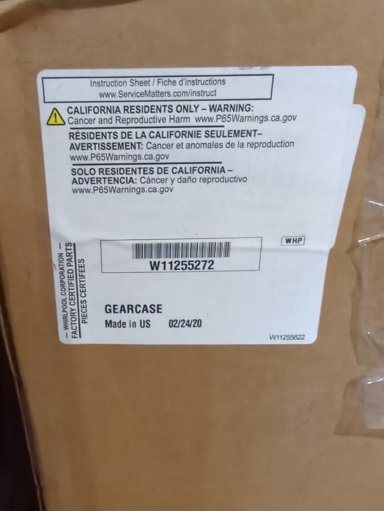 Whirlpool W11255272 Washer Gearcase Transmission