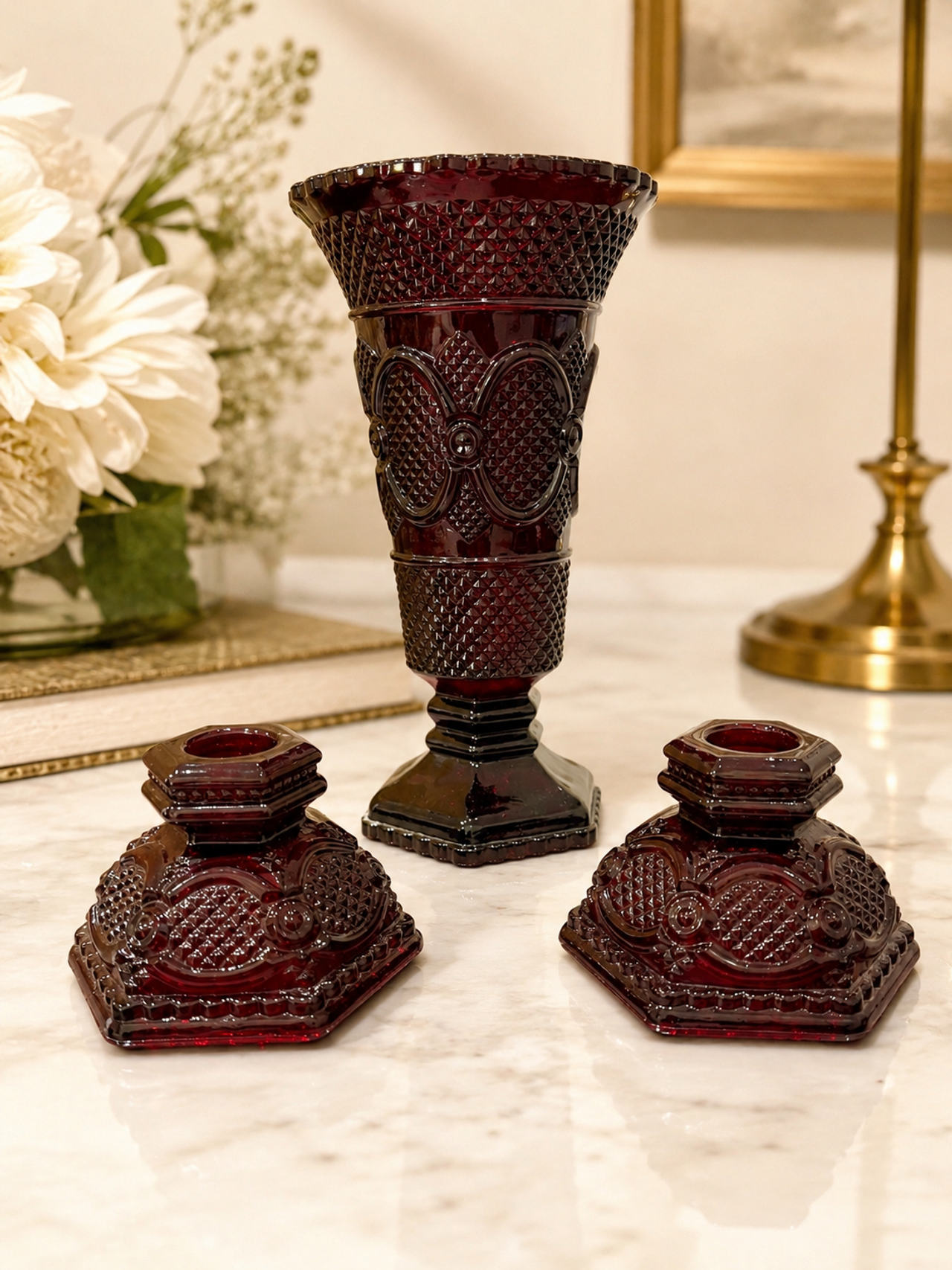 Avon 1876 Cape Cod Ruby Red Glass Vase and Candle Holder Set
