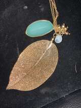 Gold Tone Leaf and Green Stone Multi-Strand Necklace - Image 2