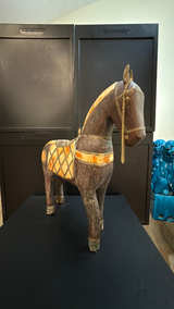 Vintage Hand-Carved Wooden Horse Sculpture with Brass & Copper Inlay - Image 2