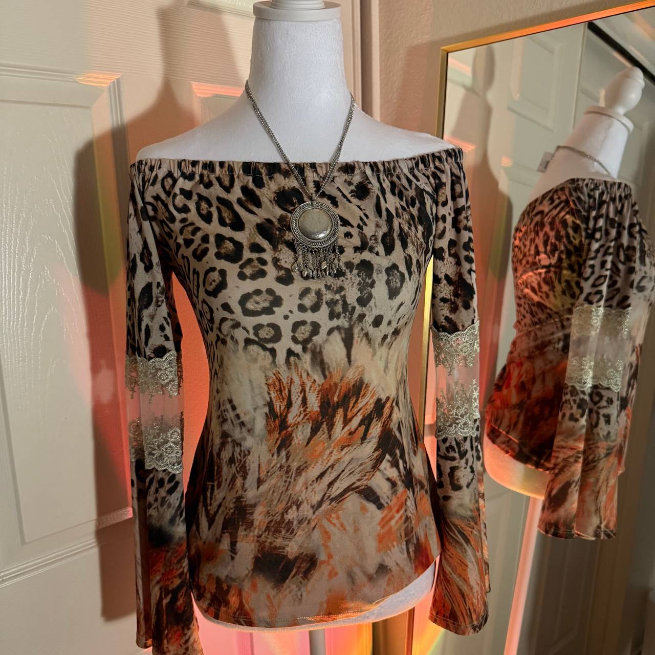 Off-Shoulder Vintage Y2K Animal Print Blouse