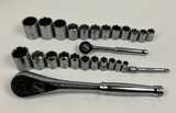 Set of 26 pc 12 Point Socket Standard Metric Ratchet Extension Benchtop - Image 1