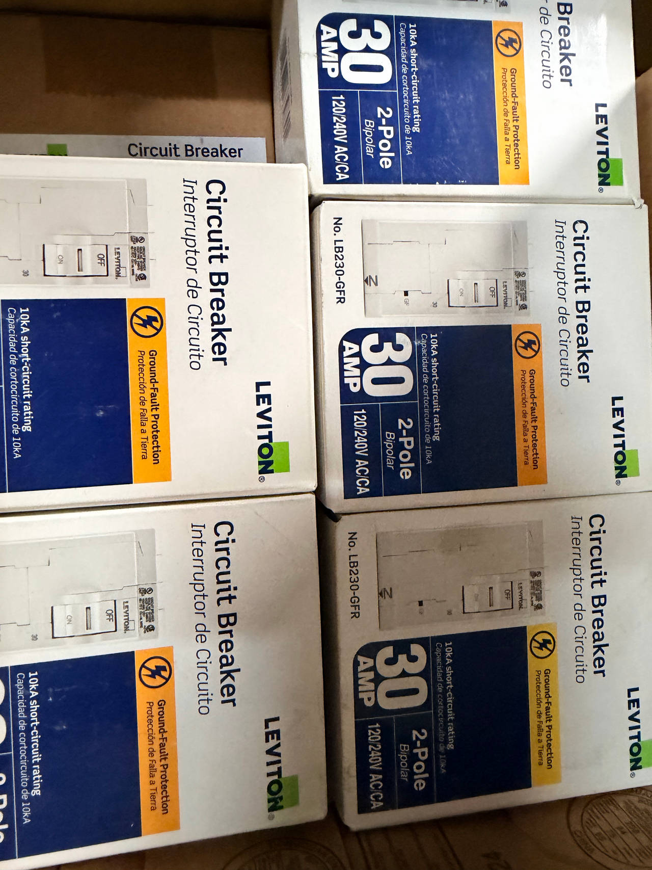 Lot of 5 Leviton LB230-GFR 30 Amp 2-Pole GFCI Circuit Breaker