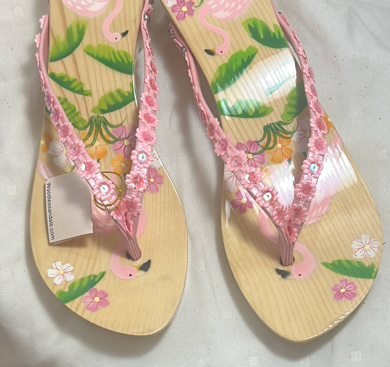 Woodies Flamingo Floral Wood Flip Flops