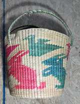 Vintage Handwoven Lidded Basket w Handles Natural Fiber Pink Green Storage Hampr - Image 5