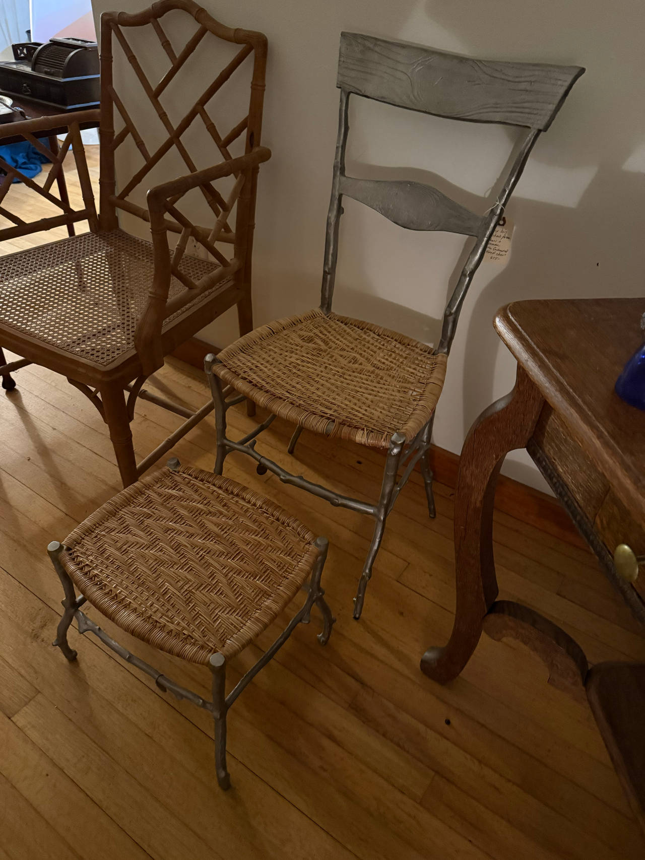 Vintage Faux Bois Metal Chair and Footstool