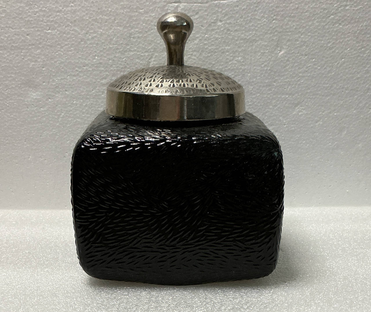 Vintage Textured Black Glass Decorative Jar with Metal Lid