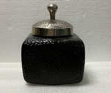 Vintage Textured Black Glass Decorative Jar with Metal Lid - Image 1
