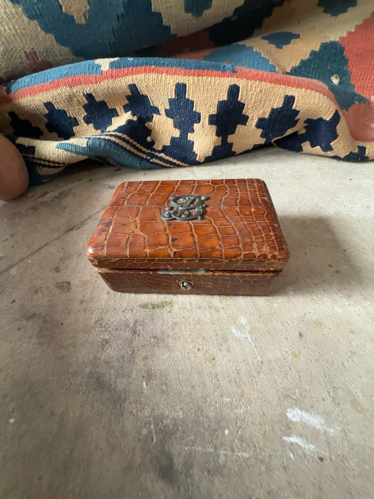 Antique Crocodile Skin Leather Jewelry Box with Brass Hardware