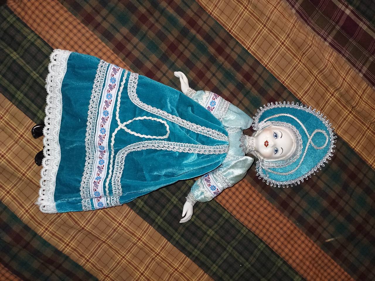 Russian Porcelain Folk Doll in Teal Velvet Dress