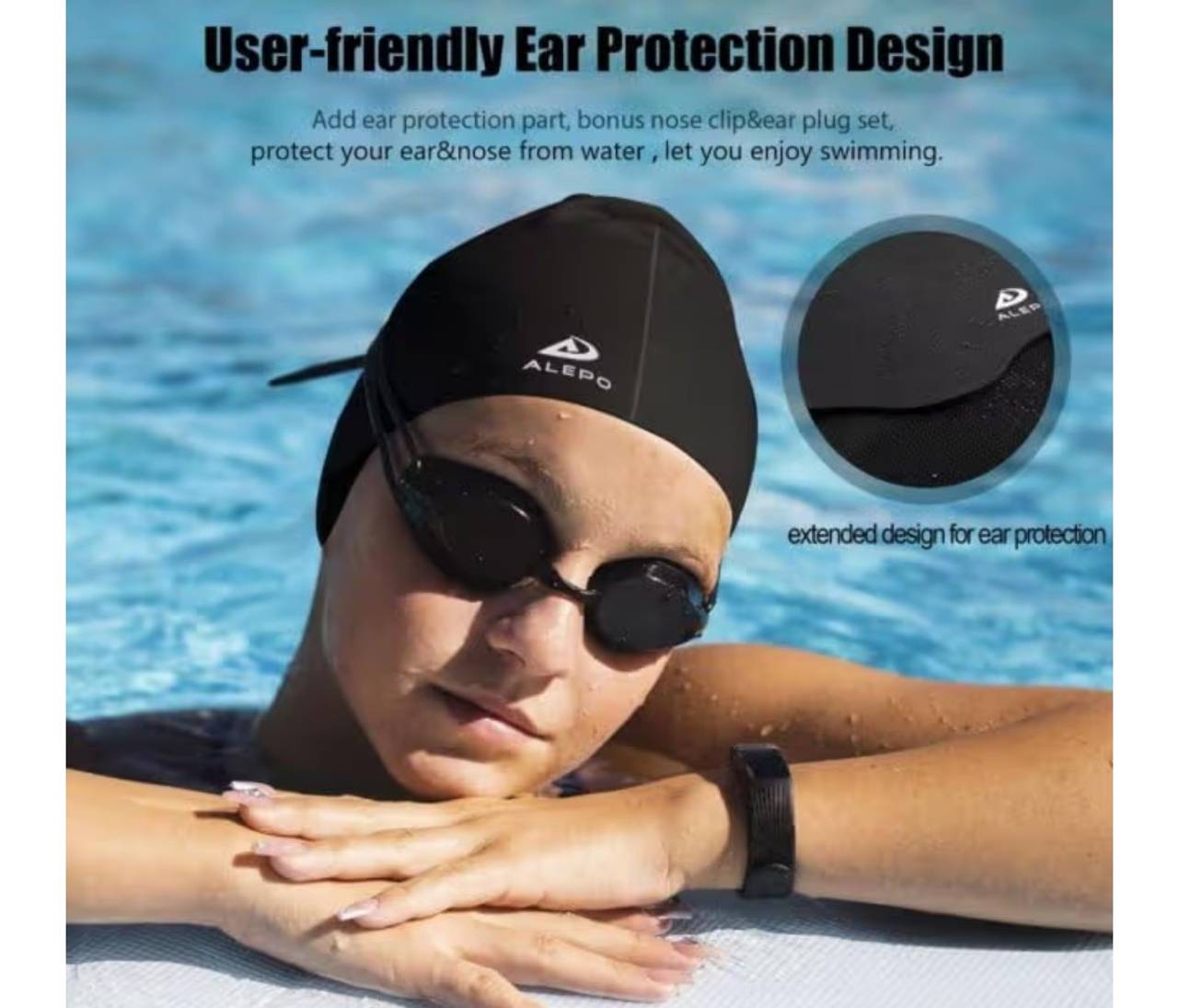 Alepo (long hair) Adult Silicone Swim Cap with Ear Protection